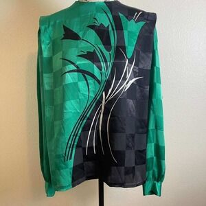Lloyd Williams Vintage 80s Green Black Checkerboard Floral Blouse Size 6